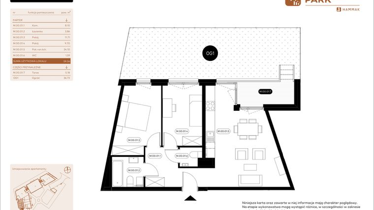 Rzut - Mieszkanie na sprzedaż 3 pokoje o powierzchni 59,06 m² - numer 0.01 w Białoprądnicka Park