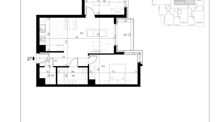 Rzut - Mieszkanie na sprzedaż 3 pokoje o powierzchni 62,05 m² - numer M27 w Trybuny Ludów 3