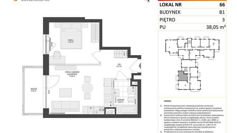 Rzut - Mieszkanie na sprzedaż 2 pokoje o powierzchni 38,05 m² - numer 66 w Locus 2