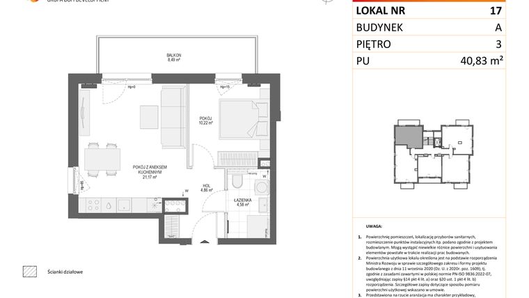 Rzut - Mieszkanie na sprzedaż 2 pokoje o powierzchni 40,83 m² - numer A17 w Osiedle Orzechowa