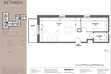 Rzut - Mieszkanie na sprzedaż 2 pokoje o powierzchni 50,61 m² - numer 74 w BETWEEN