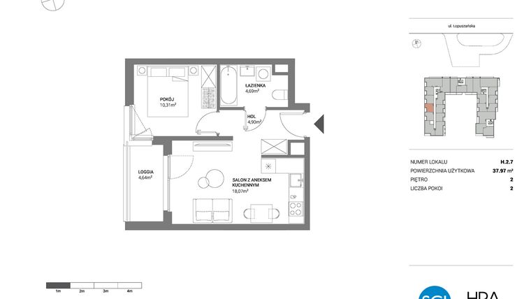 Rzut - Mieszkanie na sprzedaż 2 pokoje o powierzchni 37,97 m² - numer H.2.7 w Łopuszańska 47 - etap 3