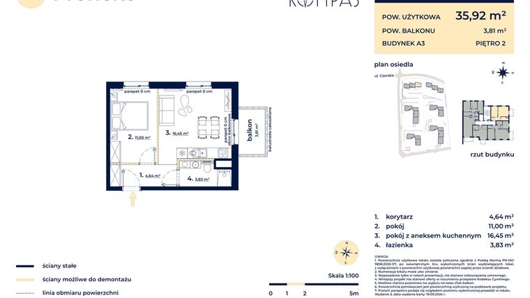Rzut - Mieszkanie na sprzedaż 2 pokoje o powierzchni 35,92 m² - numer A311 w Osiedle Kompas