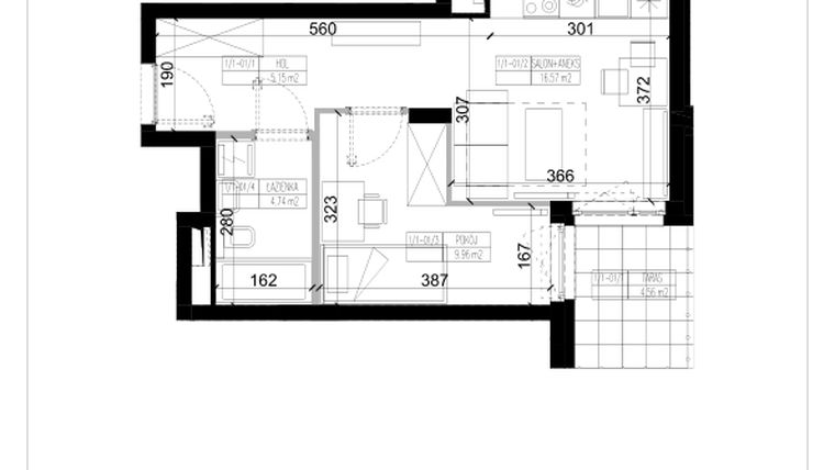 Rzut - Mieszkanie na sprzedaż 2 pokoje o powierzchni 36,42 m² - numer 1.1 w Ogrody Wiślane etap VI