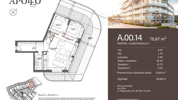 Rzut - Mieszkanie na sprzedaż 3 pokoje o powierzchni 73,8 m² - numer A.0.14 w Apollo Residence
