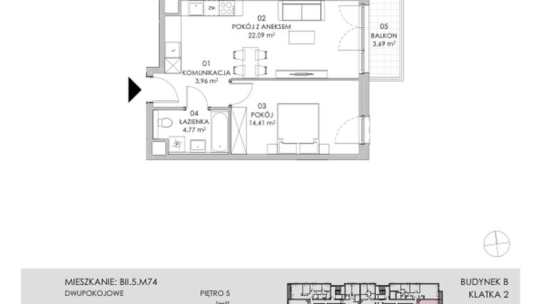 Rzut - Mieszkanie na sprzedaż 2 pokoje o powierzchni 45,23 m² - numer BII.5.M74 w Przewóz 42 ATAL II