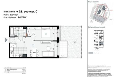 Rzut - Mieszkanie na sprzedaż 2 pokoje o powierzchni 44,76 m² - numer C2 w Apartamenty Kopernika