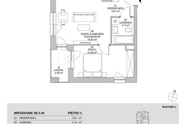 Rzut - Mieszkanie na sprzedaż 2 pokoje o powierzchni 41,36 m² - numer 2B.3.40 w Francuska Park VIIIA
