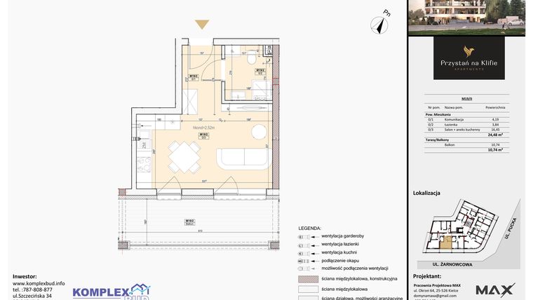 Rzut - Mieszkanie na sprzedaż 1 pokój o powierzchni 24,42 m² - numer M19 w Przystań na Klifie