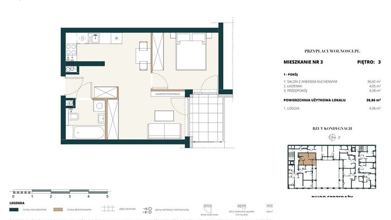 Rzut - Mieszkanie na sprzedaż 1 pokój o powierzchni 38,76 m² - numer 3. M3. w Przy Placu Wolności