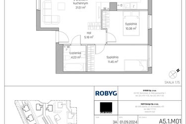 Rzut - Mieszkanie na sprzedaż 3 pokoje o powierzchni 62,75 m² - numer A5.1M01 w ROSA Residence