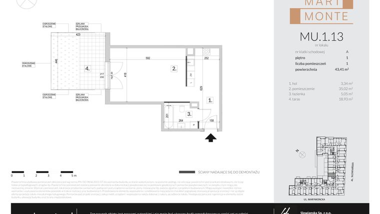 Rzut - Mieszkanie na sprzedaż 1 pokój o powierzchni 43,41 m² - numer MU.1.13 w Marimonte - apartamenty inwestycyjne