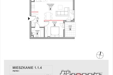 Rzut - Mieszkanie na sprzedaż 2 pokoje o powierzchni 49,33 m² - numer 1.1.4 w Zakątek Harmonia III