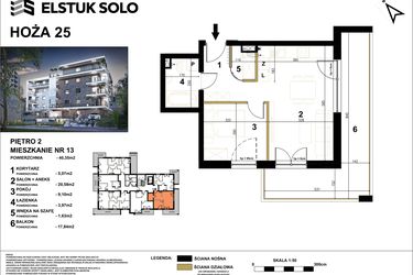Rzut - Mieszkanie na sprzedaż 2 pokoje o powierzchni 40,35 m² - numer 13 w Hoża 25