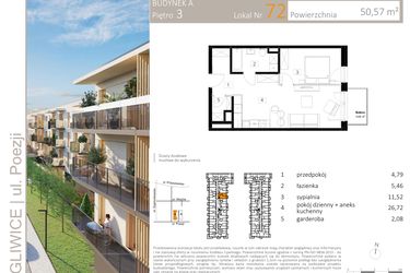 Rzut - Mieszkanie na sprzedaż 2 pokoje o powierzchni 50,65 m² - numer A.72 w Poezji