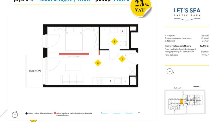 Rzut - Mieszkanie na sprzedaż 1 pokój o powierzchni 32,96 m² - numer G130 w Let's Sea Baltic Park II