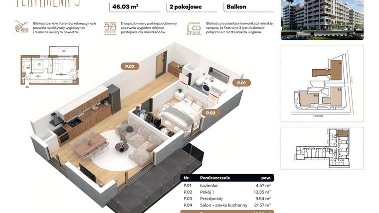 Rzut - Mieszkanie na sprzedaż 2 pokoje o powierzchni 46,03 m² - numer A 2.07 w Teatralna 3 - etap II