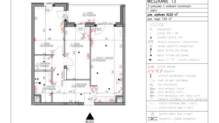 Rzut - Mieszkanie na sprzedaż 3 pokoje o powierzchni 62,83 m² - numer I.13 w Osiedle Podniebne Ogrody II