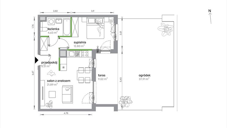 Rzut - Mieszkanie na sprzedaż 2 pokoje o powierzchni 44,63 m² - numer 1/A/1/3 w Sochaczewska Vita