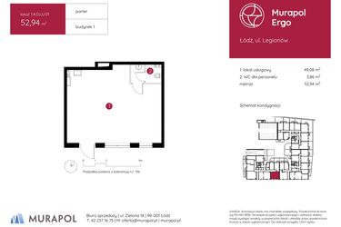 Rzut - Lokal użytkowy na sprzedaż 1 pokój o powierzchni 52,94 m² - numer 1.A.0.LU.01 w Murapol Ergo