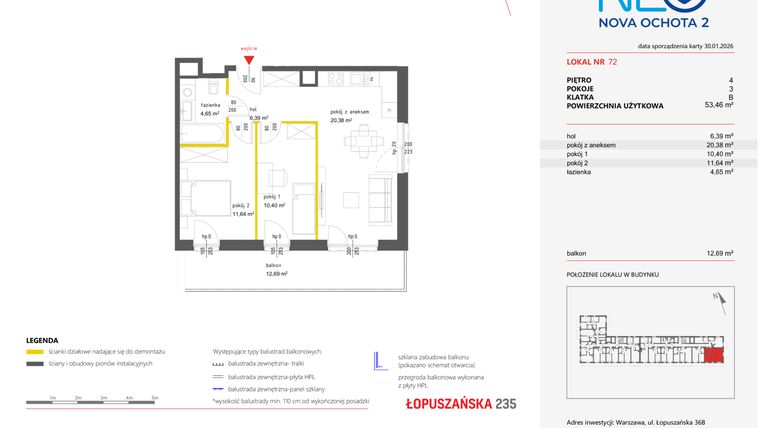 Rzut - Mieszkanie na sprzedaż 3 pokoje o powierzchni 53,29 m² - numer 72 w Neo Nova Ochota 2