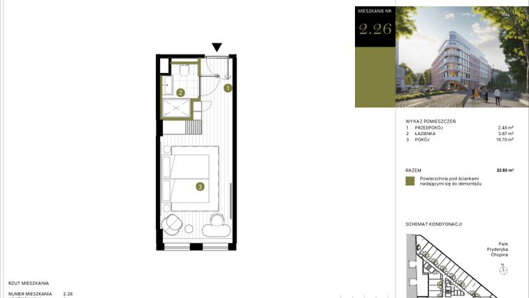 Rzut - Mieszkanie na sprzedaż 1 pokój o powierzchni 22,85 m² - numer 226 w Y3 Signature Hotel