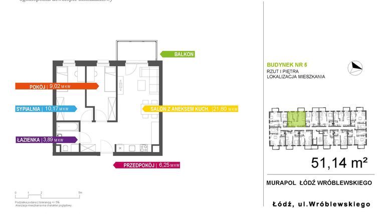 Rzut - Mieszkanie na sprzedaż 3 pokoje o powierzchni 51,14 m² - numer 5A.1.5 w Murapol Nowa Przędzalnia