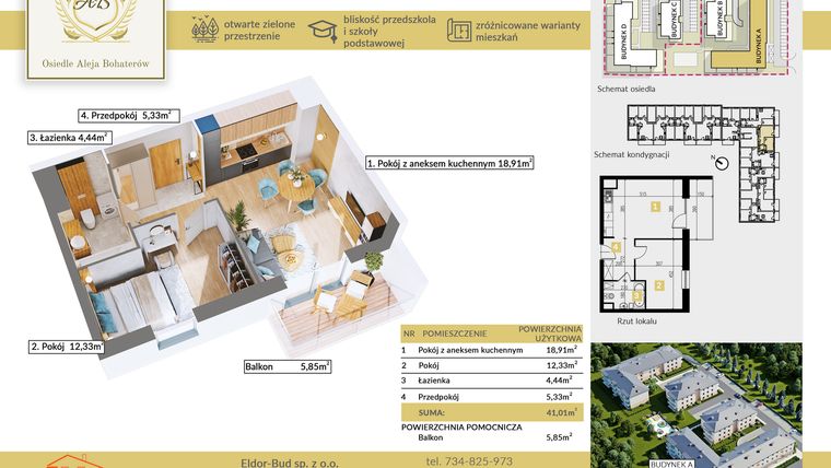 Rzut - Mieszkanie na sprzedaż 2 pokoje o powierzchni 41,01 m² - numer A.13 w Aleja Bohaterów