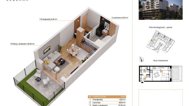 Rzut - Mieszkanie na sprzedaż 1 pokój o powierzchni 29,23 m² - numer D.0.1 w Rondo Ceglana etap II