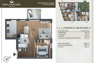 Rzut - Mieszkanie na sprzedaż 2 pokoje o powierzchni 50,57 m² - numer C.3.4 w Brylantowa Enklawa bud. C