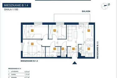 Rzut - Mieszkanie na sprzedaż 4 pokoje o powierzchni 69,65 m² - numer B.1.4 w EcoVista