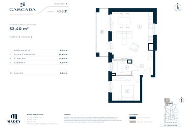 Rzut - Mieszkanie na sprzedaż 2 pokoje o powierzchni 52,4 m² - numer A3.8.31 w Cascada