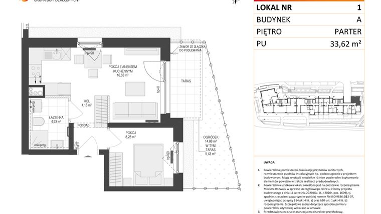 Rzut - Mieszkanie na sprzedaż 2 pokoje o powierzchni 33,62 m² - numer A1 w Osiedle Warszawska etap IV