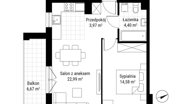Rzut - Mieszkanie na sprzedaż 2 pokoje o powierzchni 45,94 m² - numer B.11 w Nowa Namiarkowa