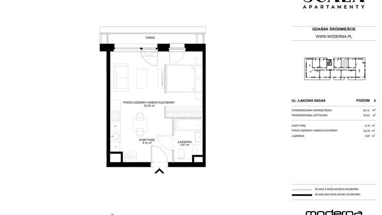 Rzut - Mieszkanie na sprzedaż 1 pokój o powierzchni 34,13 m² - numer G-64 (E) w Scala
