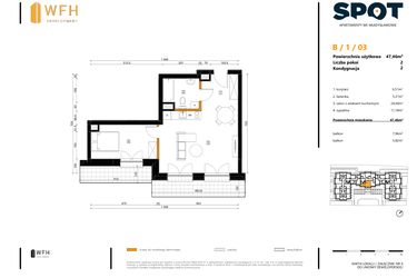 Rzut - Mieszkanie na sprzedaż 2 pokoje o powierzchni 47,46 m² - numer B.1.03 w SPOT