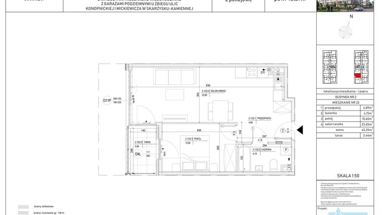 Rzut - Mieszkanie na sprzedaż 2 pokoje o powierzchni 43,29 m² - numer M-22 w Apartamenty Konopnickiej
