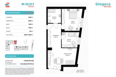 Rzut - Mieszkanie na sprzedaż 3 pokoje o powierzchni 68,12 m² - numer M III.0.1 w Glogera Bricks