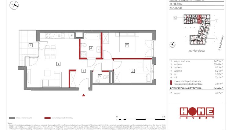 Rzut - Mieszkanie na sprzedaż 3 pokoje o powierzchni 64,6 m² - numer B42 w Przystań Żerań