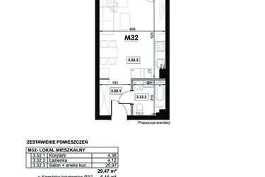 Rzut - Mieszkanie na sprzedaż 1 pokój o powierzchni 29,47 m² - numer M32 w Miejska Premium II