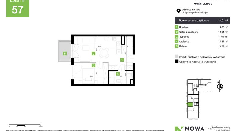 Rzut - Mieszkanie na sprzedaż 2 pokoje o powierzchni 43,01 m² - numer M57 w Nowa Częstochowa Mościckiego
