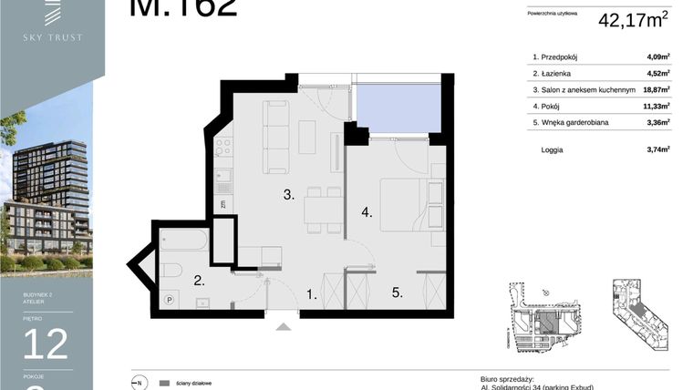 Rzut - Mieszkanie na sprzedaż 2 pokoje o powierzchni 42,17 m² - numer M162 w Sky Trust etap II