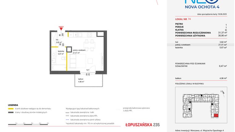 Rzut - Mieszkanie na sprzedaż 1 pokój o powierzchni 31,37 m² - numer 74 w Neo Nova Ochota 4