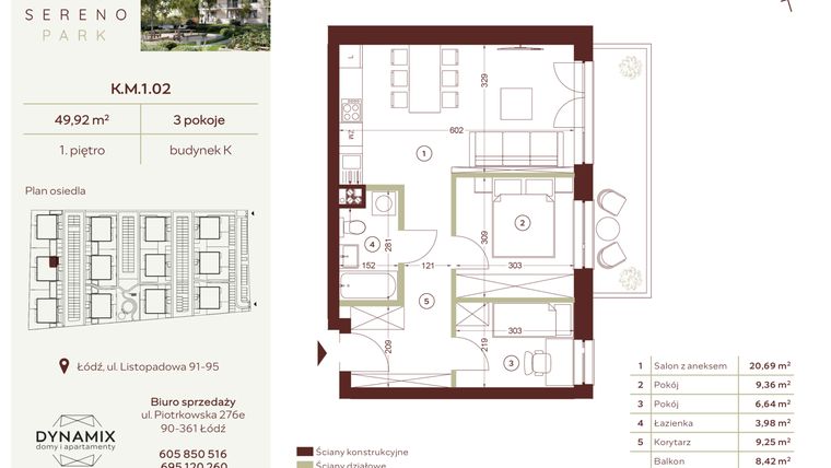 Rzut - Mieszkanie na sprzedaż 3 pokoje o powierzchni 49,92 m² - numer K.M.1.02 w Sereno Park