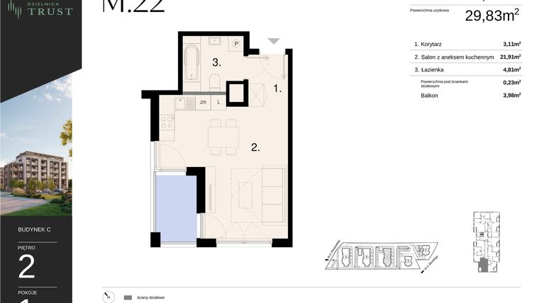 Rzut - Mieszkanie na sprzedaż 1 pokój o powierzchni 30,06 m² - numer C - M.22 w Dzielnica Trust - etap I