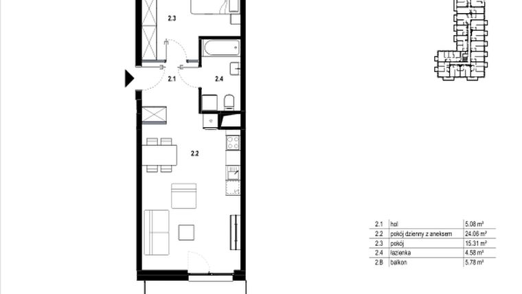 Rzut - Mieszkanie na sprzedaż 2 pokoje o powierzchni 49,03 m² - numer C3.2 w Osiedle Mozaika