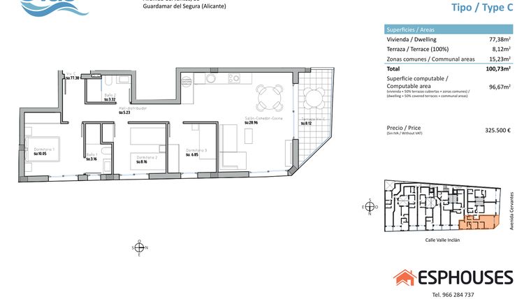 Rzut - Mieszkanie na sprzedaż 3 pokoje o powierzchni 96 m² - numer 1C w ESPHOUSES by Olas