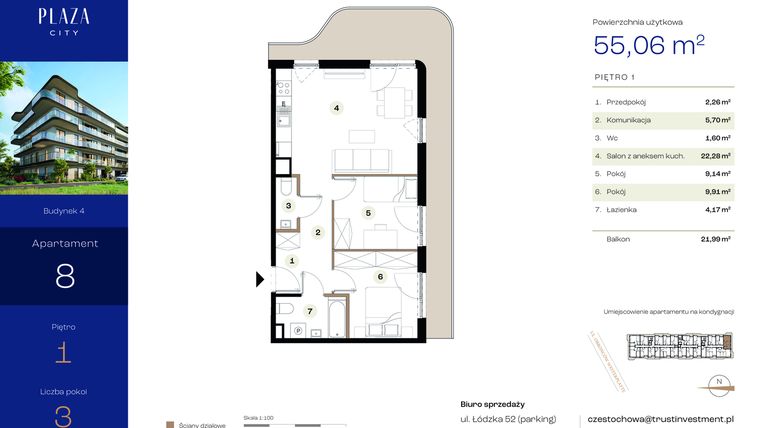 Rzut - Mieszkanie na sprzedaż 3 pokoje o powierzchni 55,06 m² - numer B4M8 w Plaza City