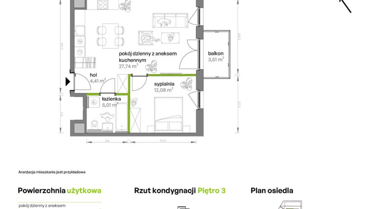 Rzut - Mieszkanie na sprzedaż 2 pokoje o powierzchni 49,24 m² - numer AA0302 w Ptasia Vita