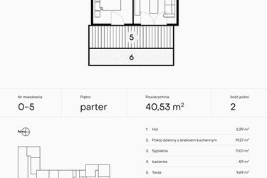 Rzut - Mieszkanie na sprzedaż 2 pokoje o powierzchni 40,53 m² - numer 0-5 w Pączka 1